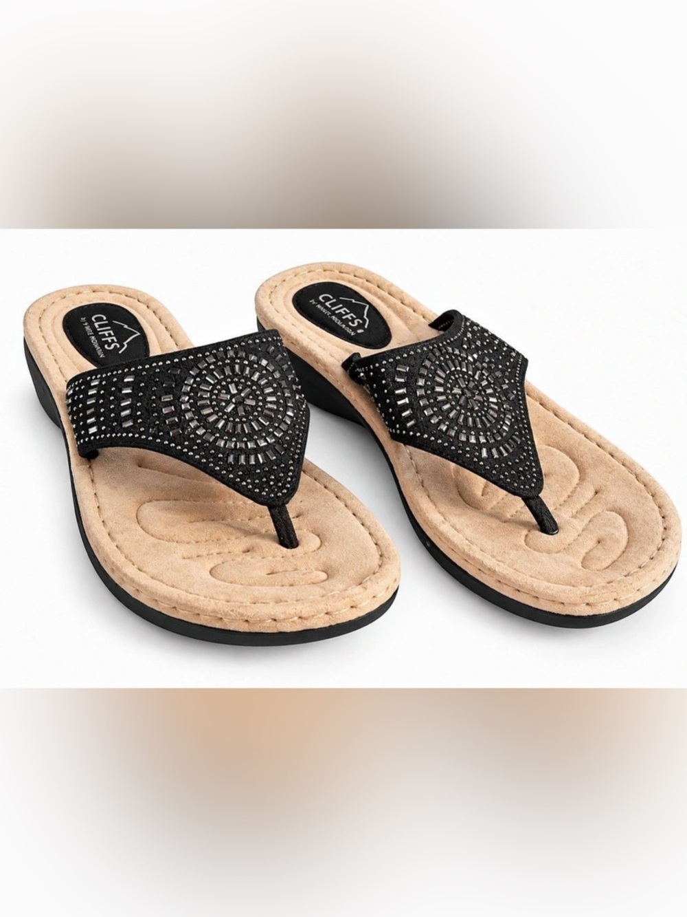 Cliffs by White Mountain Women’s Black Rhinestone Embellished Wedge Thong Sandal